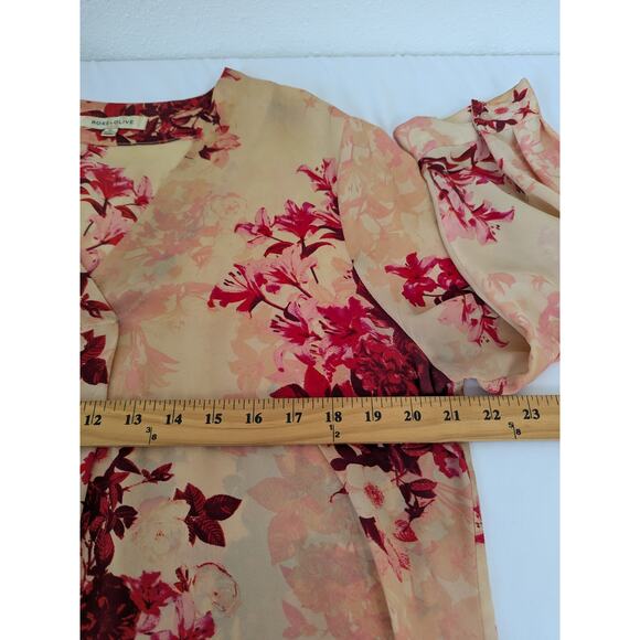 Rose + Olive Womens Peach Red Floral Pop Over Blouse Size XL Career Casual - Picture 7 of 8